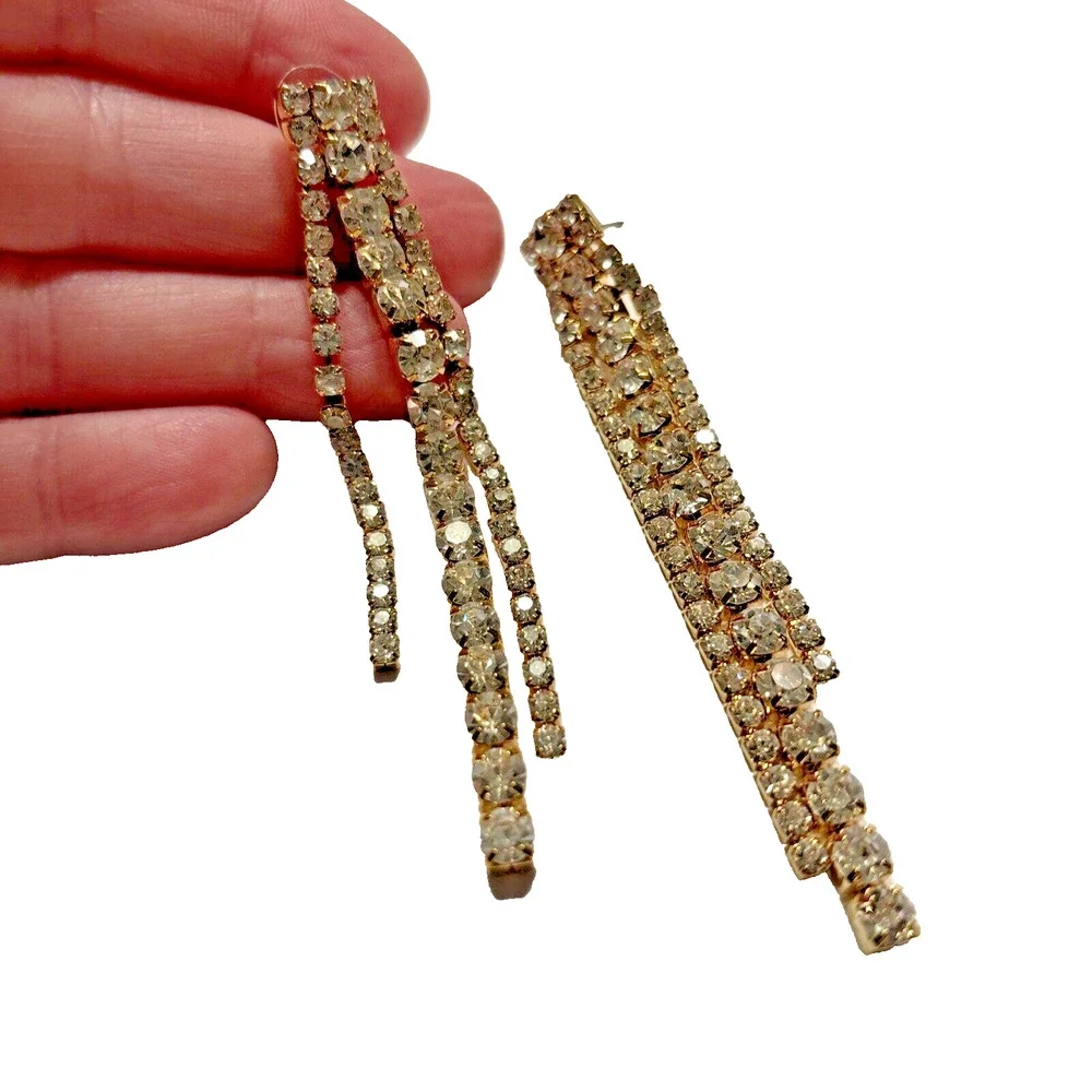 Pierced Earrings Dripping White Rhinestones Goldtone Hollywood Glam Runway Chic